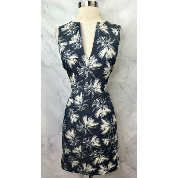 L'agence Sheath Dress Sz 4 Abstract Palm Trees Novelty Bodycon V-Neck Beachcore